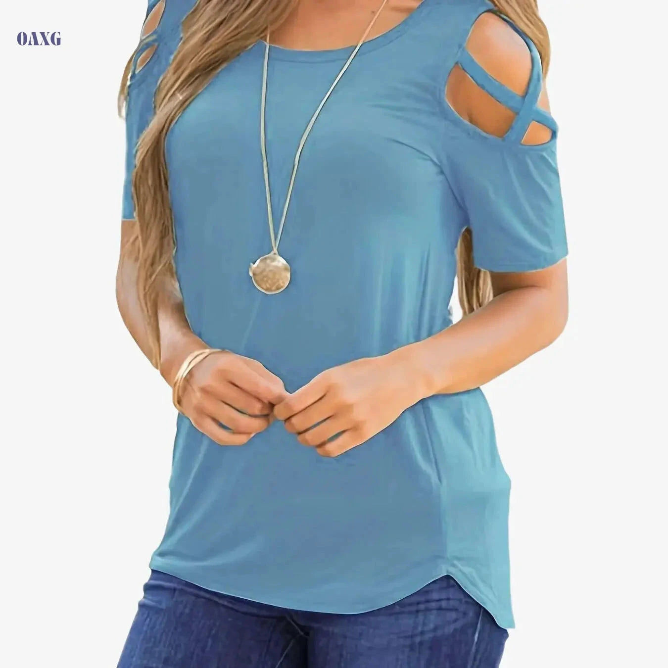 Women's Sexy Off-Shoulder Short Sleeve T-Shirt - All-Season Casual Top   OAXG Blue / S