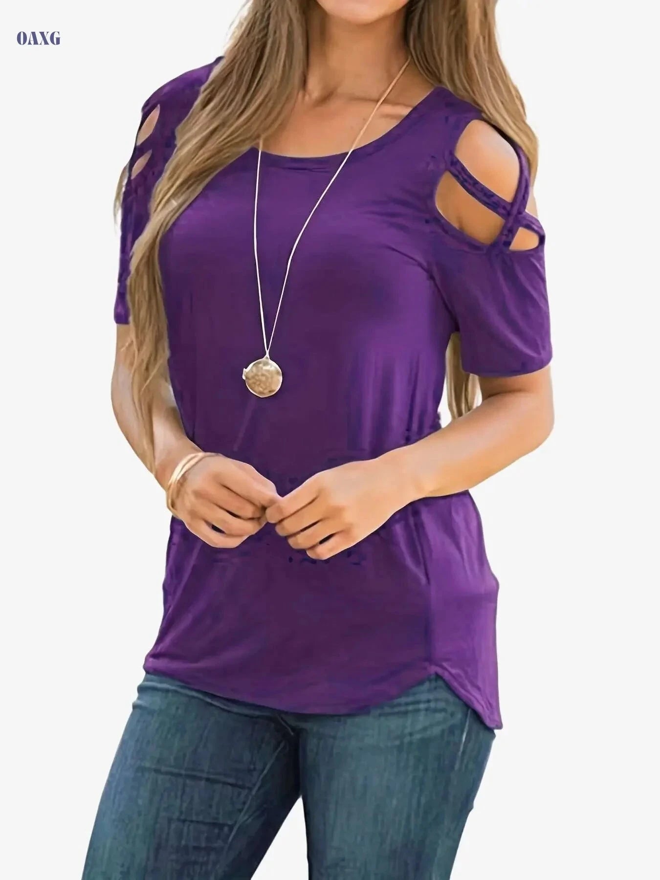 Women's Sexy Off-Shoulder Short Sleeve T-Shirt - All-Season Casual Top   OAXG Blue / S