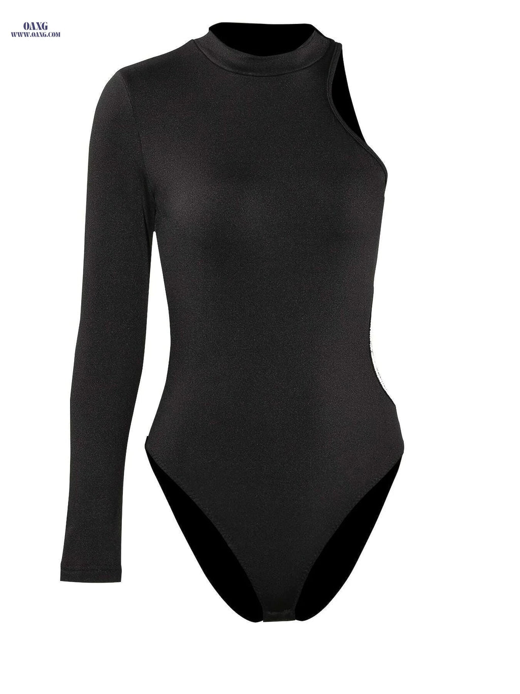 Women's Sexy One Sleeve Bodysuit - Rhinestone Detail, Mid Elasticity   OAXG Black / XS
