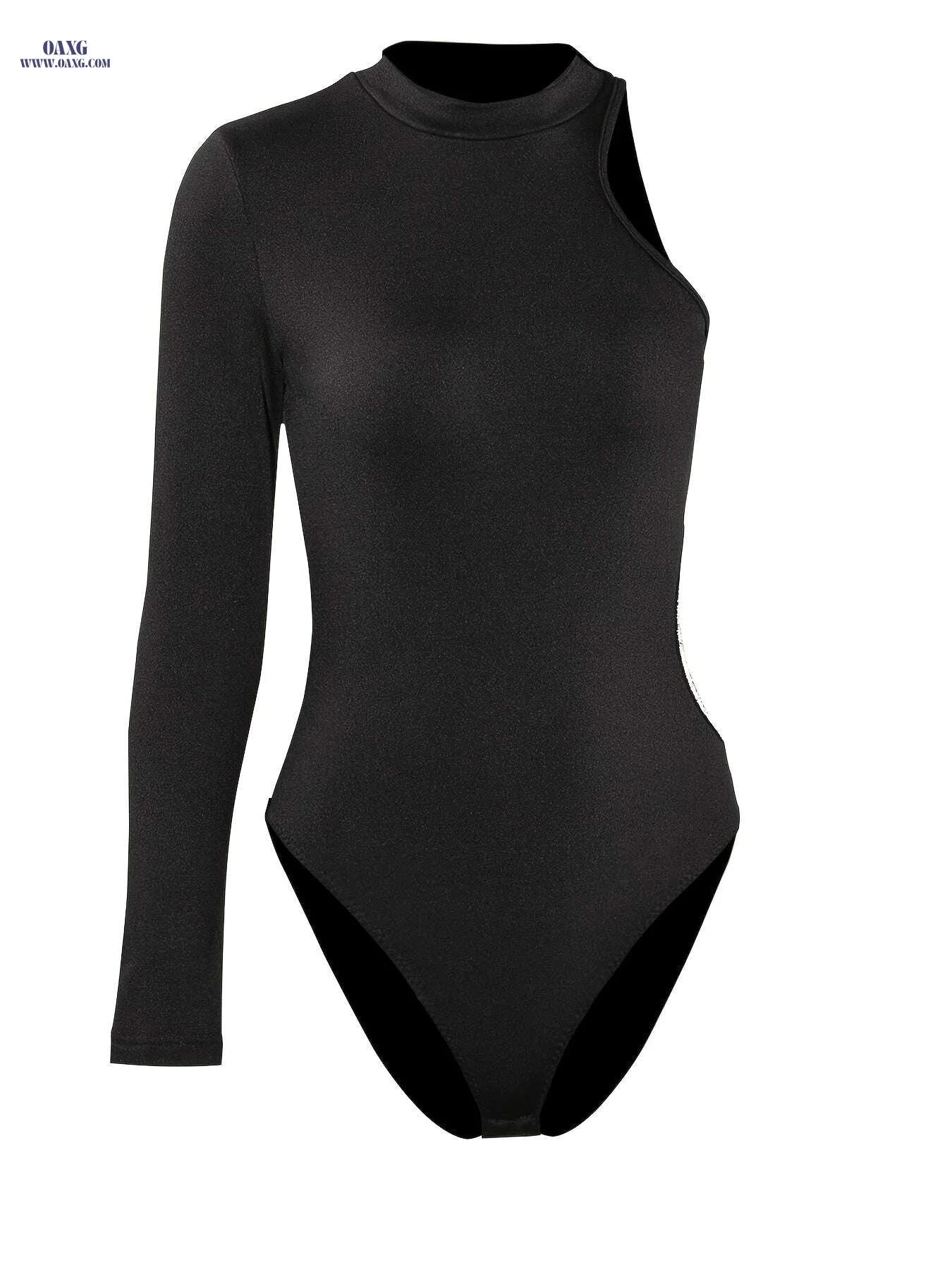 Women's Sexy One Sleeve Bodysuit - Rhinestone Detail, Mid Elasticity   OAXG Black / XS