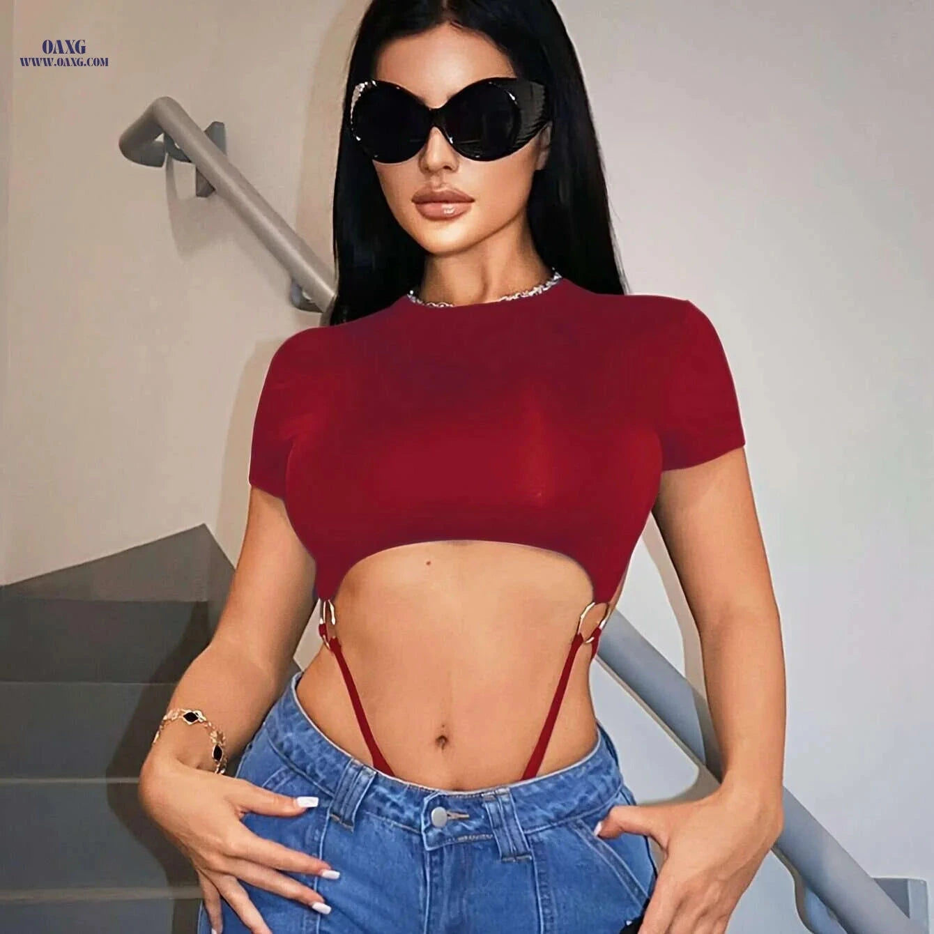 Women’s Sexy Red Crop Top & High-Waisted Shorts Set - Casual All-Season Wear   OAXG crimson / XS