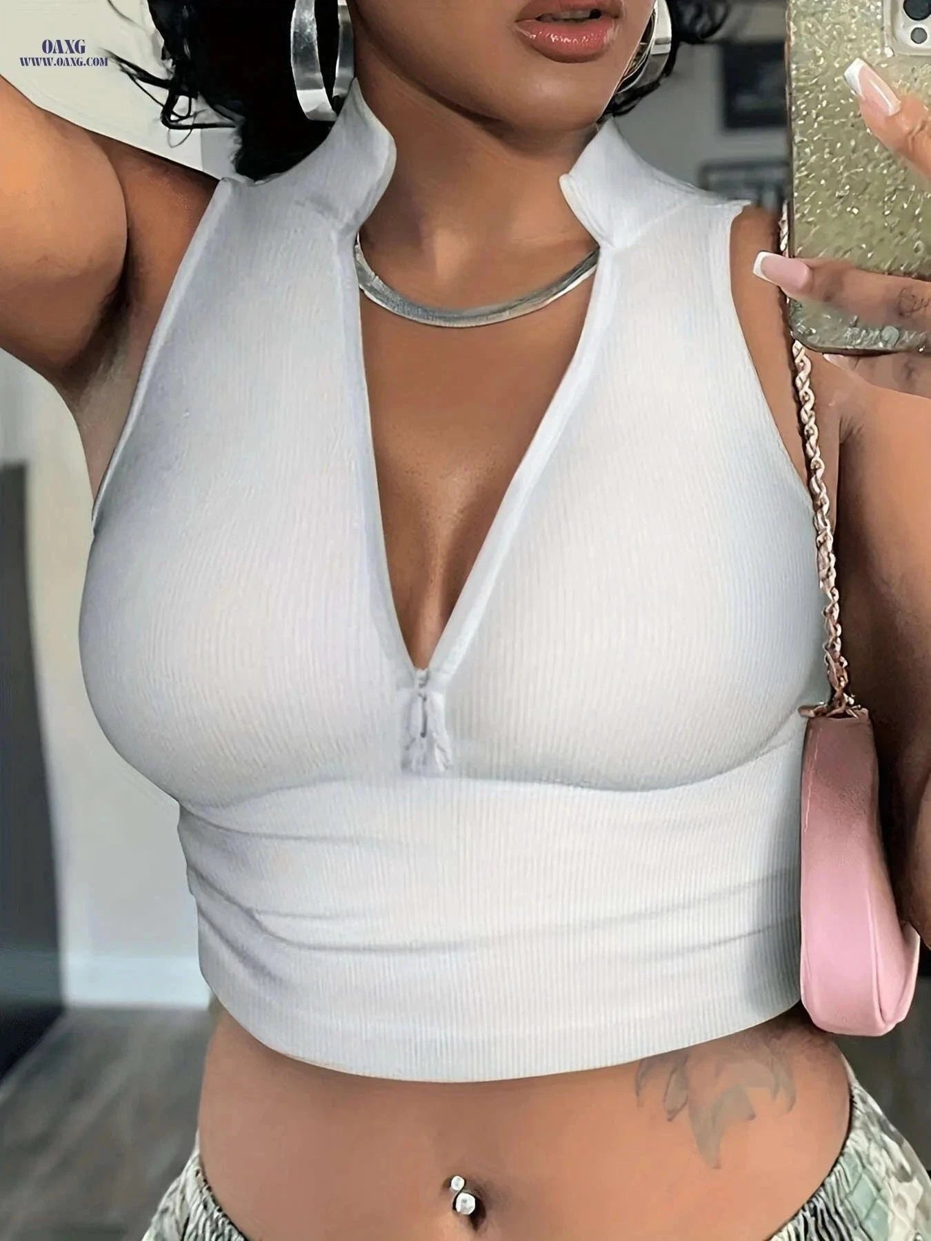 Women’s Sexy Ribbed Knit Tank Top - Lightweight Zipper Detail Vest   OAXG White / S