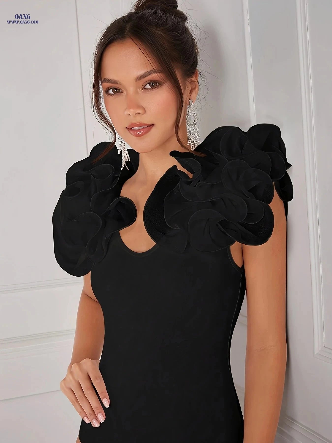 Women's Sexy Ruffle Bodysuit Top - High Elasticity, V-Neck Design   OAXG 