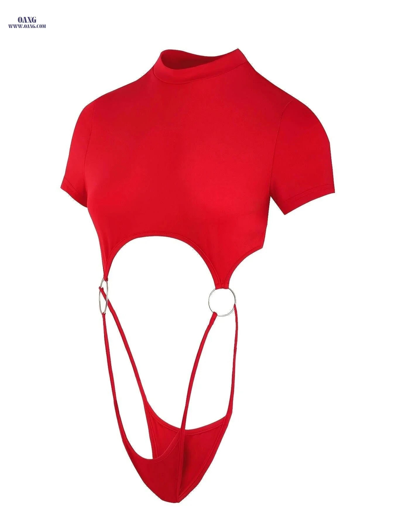 Women's Sexy Solid Color Bodysuit - Cut-Out Waist, Short Sleeve   OAXG Red / XS