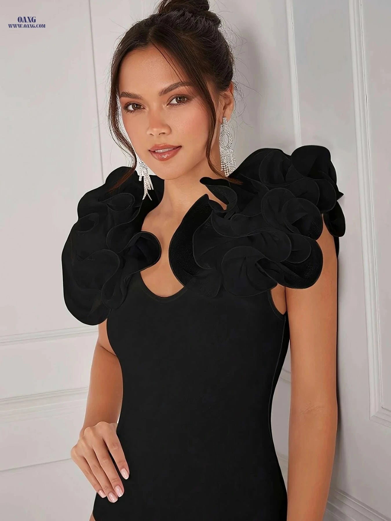 Women's Sexy V-Neck Bodysuit - Ruffle Shoulders & Stretch Fit   OAXG 
