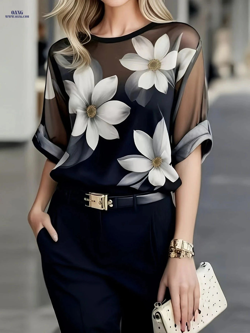 Women's Sheer Floral Top - Casual Summer Short Sleeve Shirt   OAXG Black / S
