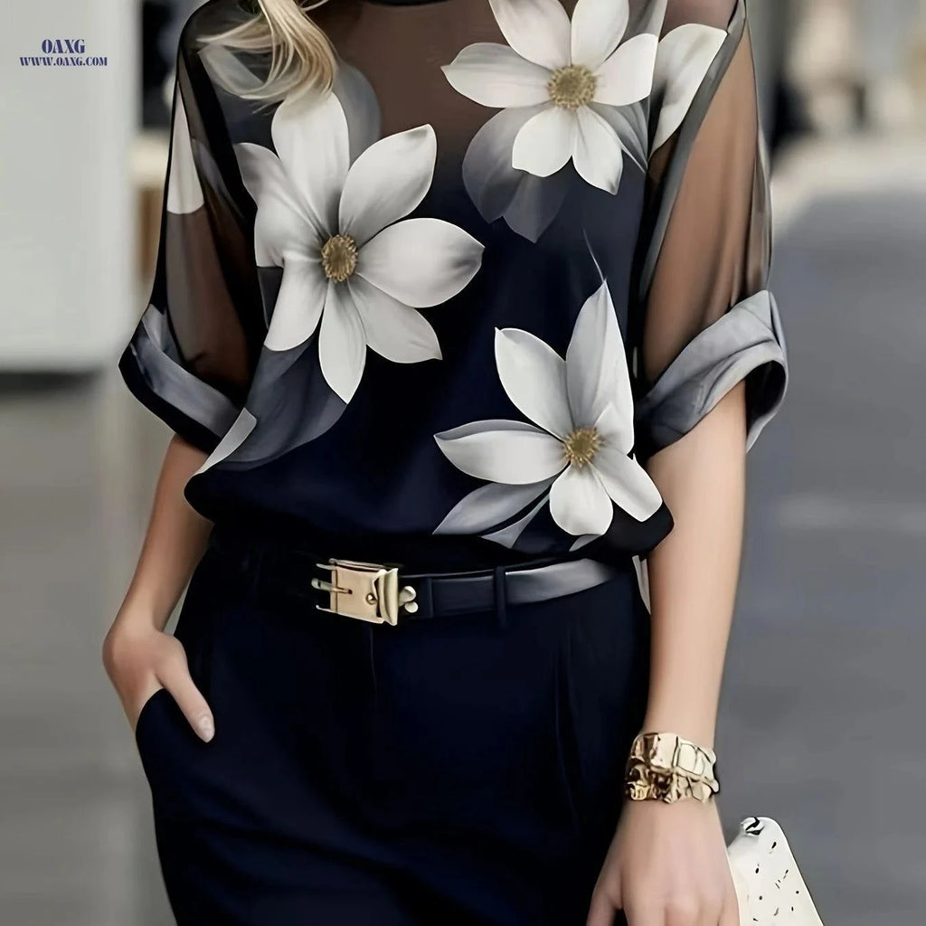 Women's Sheer Floral Top - Casual Summer Short Sleeve Shirt   OAXG Black / S