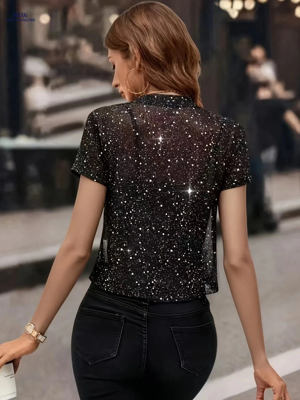 Women’s Shimmering Sequin Jacket - Short Sleeve, Elegant Style   OAXG Apricot / S