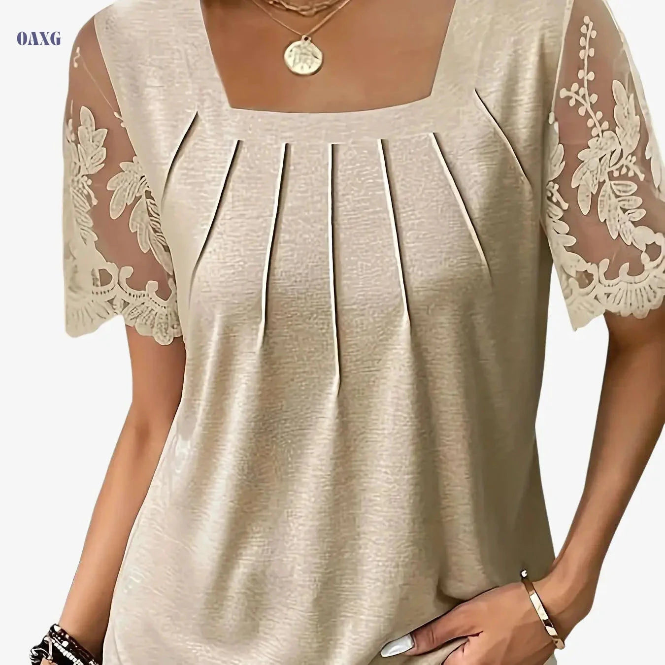 Women's Short Sleeve Knitted Top - Solid Color Lace Design   OAXG 