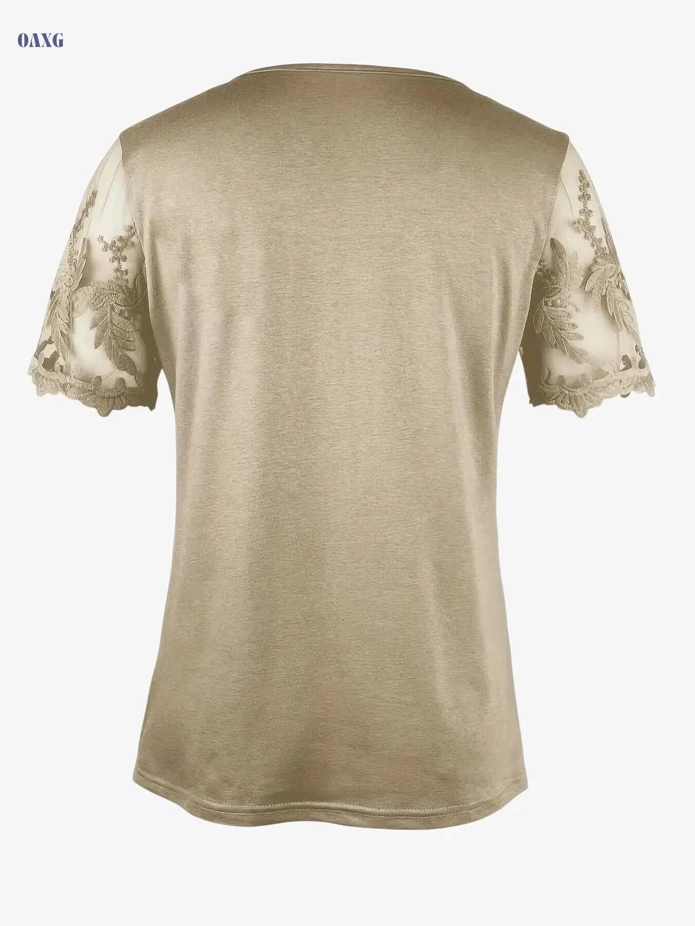 Women's Short Sleeve Knitted Top - Solid Color Lace Design   OAXG Khaki / S