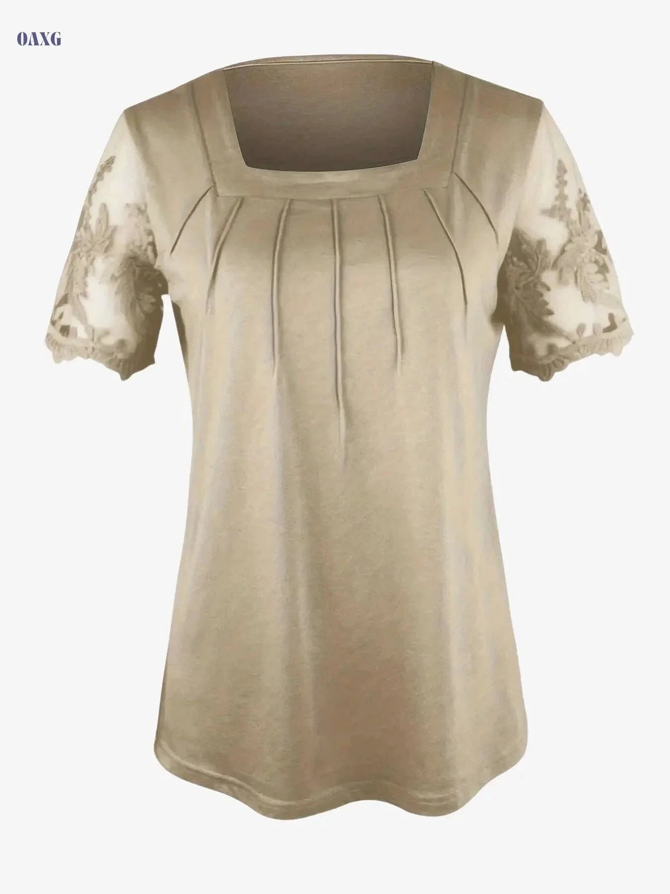 Women's Short Sleeve Knitted Top - Solid Color Lace Design   OAXG Khaki / S