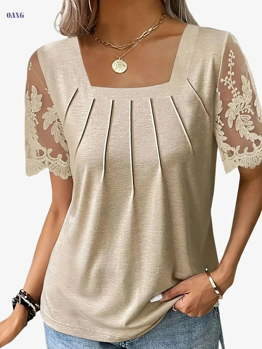 Women's Short Sleeve Knitted Top - Solid Color Lace Design   OAXG Khaki / S