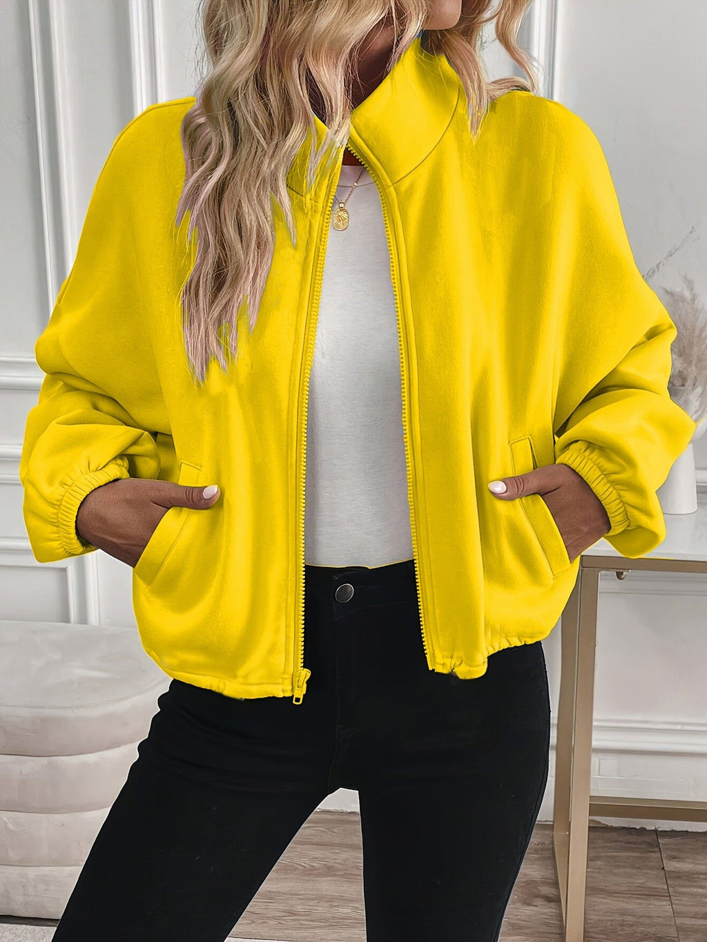 Women's Short Sweatshirt with Zipper, Solid Color Pocket Stand Collar Top   OAXG Yellow / M