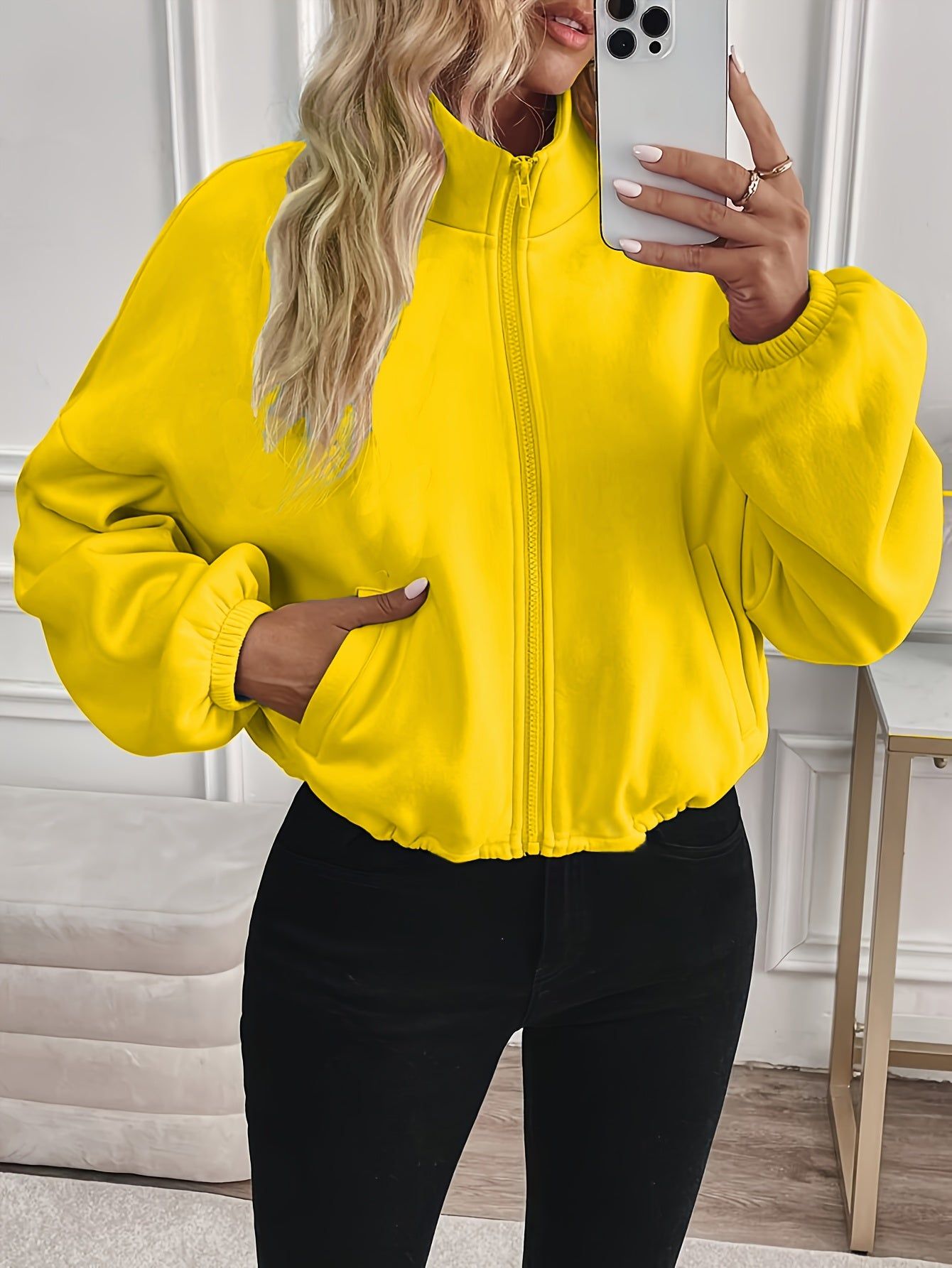 Women's Short Sweatshirt with Zipper, Solid Color Pocket Stand Collar Top   OAXG Yellow / M