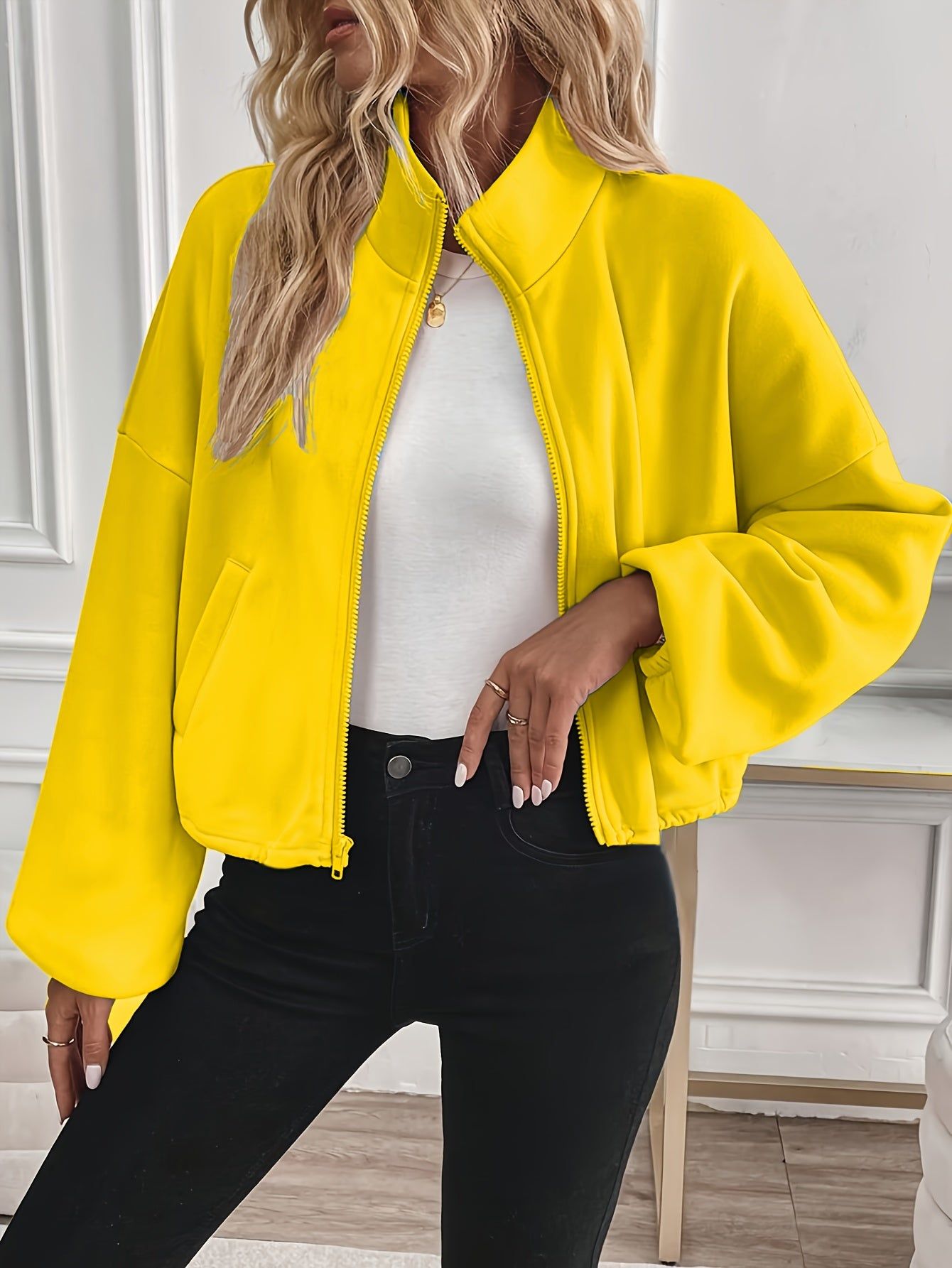 Women's Short Sweatshirt with Zipper, Solid Color Pocket Stand Collar Top   OAXG Yellow / M
