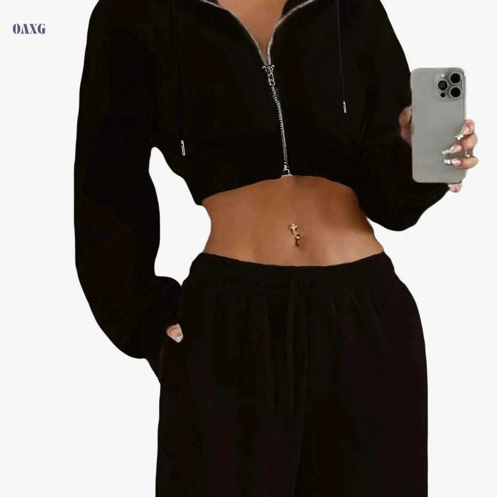 Women's Short Zipper Hooded Sweatshirt - Slim-Fit Casual Jacket   OAXG 