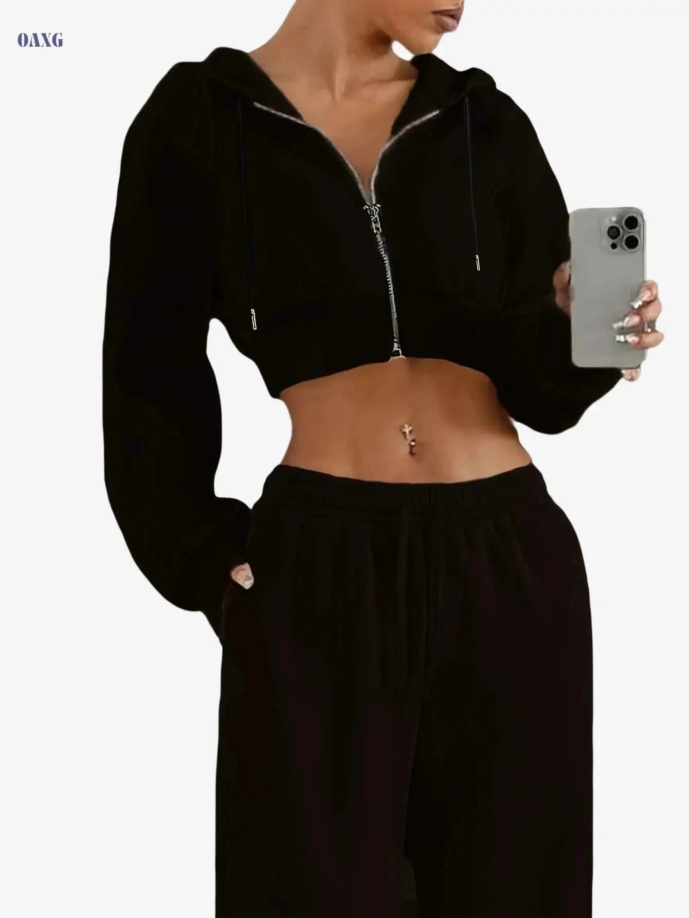 Women's Short Zipper Hooded Sweatshirt - Slim-Fit Casual Jacket   OAXG Black / S