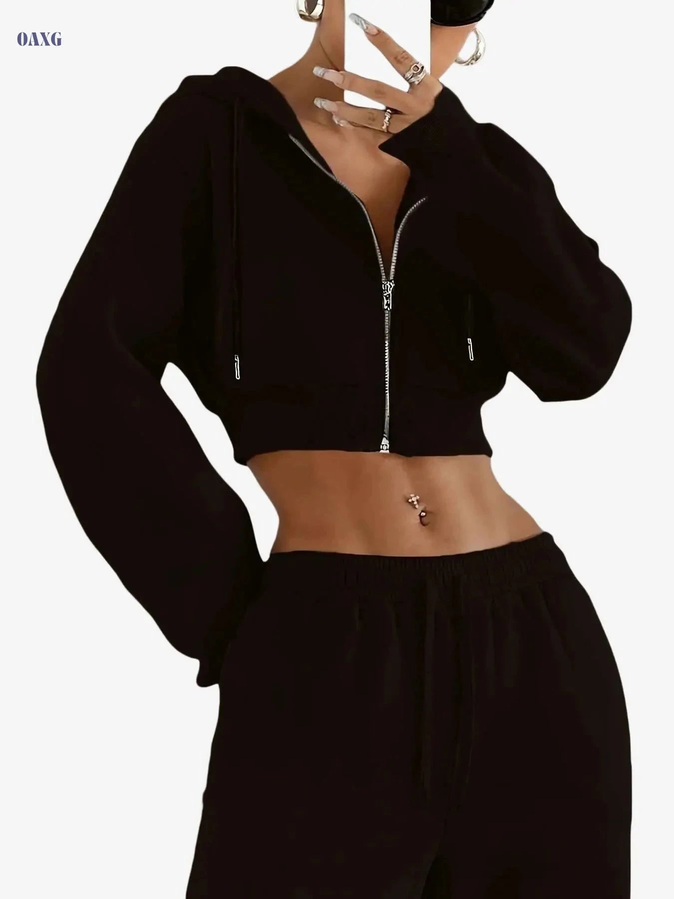 Women's Short Zipper Hooded Sweatshirt - Slim-Fit Casual Jacket   OAXG 