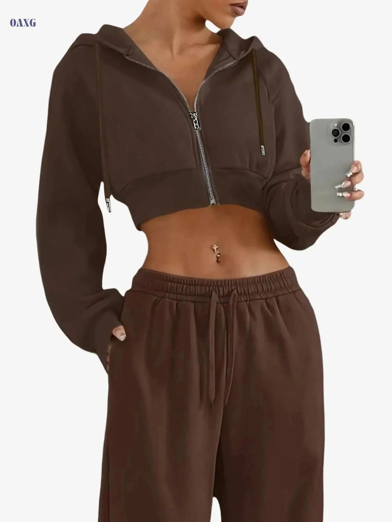 Women's Short Zipper Hooded Sweatshirt - Slim-Fit Casual Jacket   OAXG 