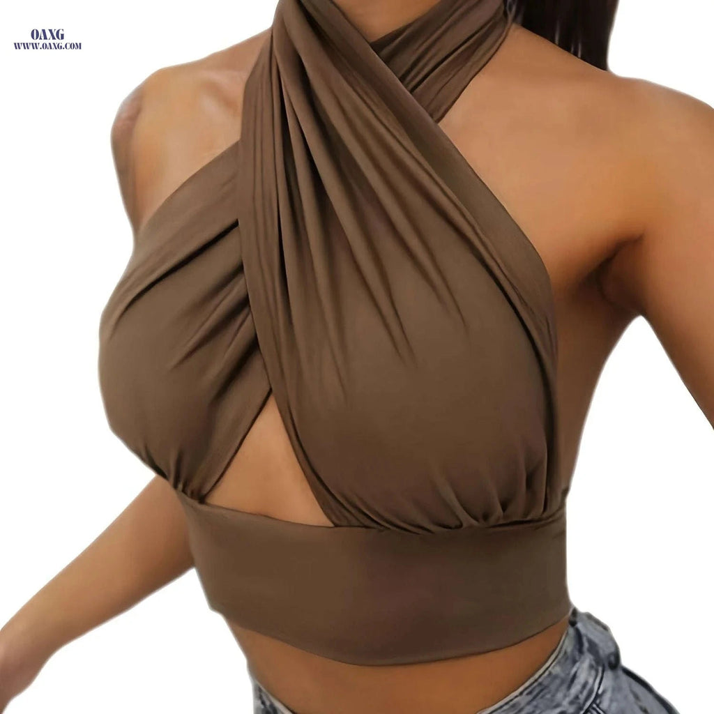 Women's Sleeveless Cross Halter Top - Perfect for Summer Style   OAXG 