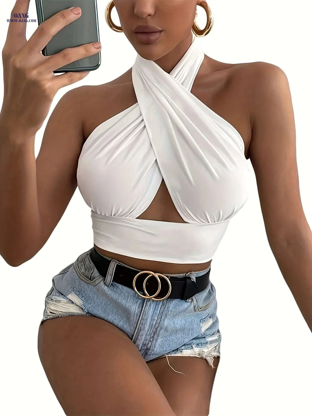 Women's Sleeveless Cross Halter Top - Perfect for Summer Style   OAXG 