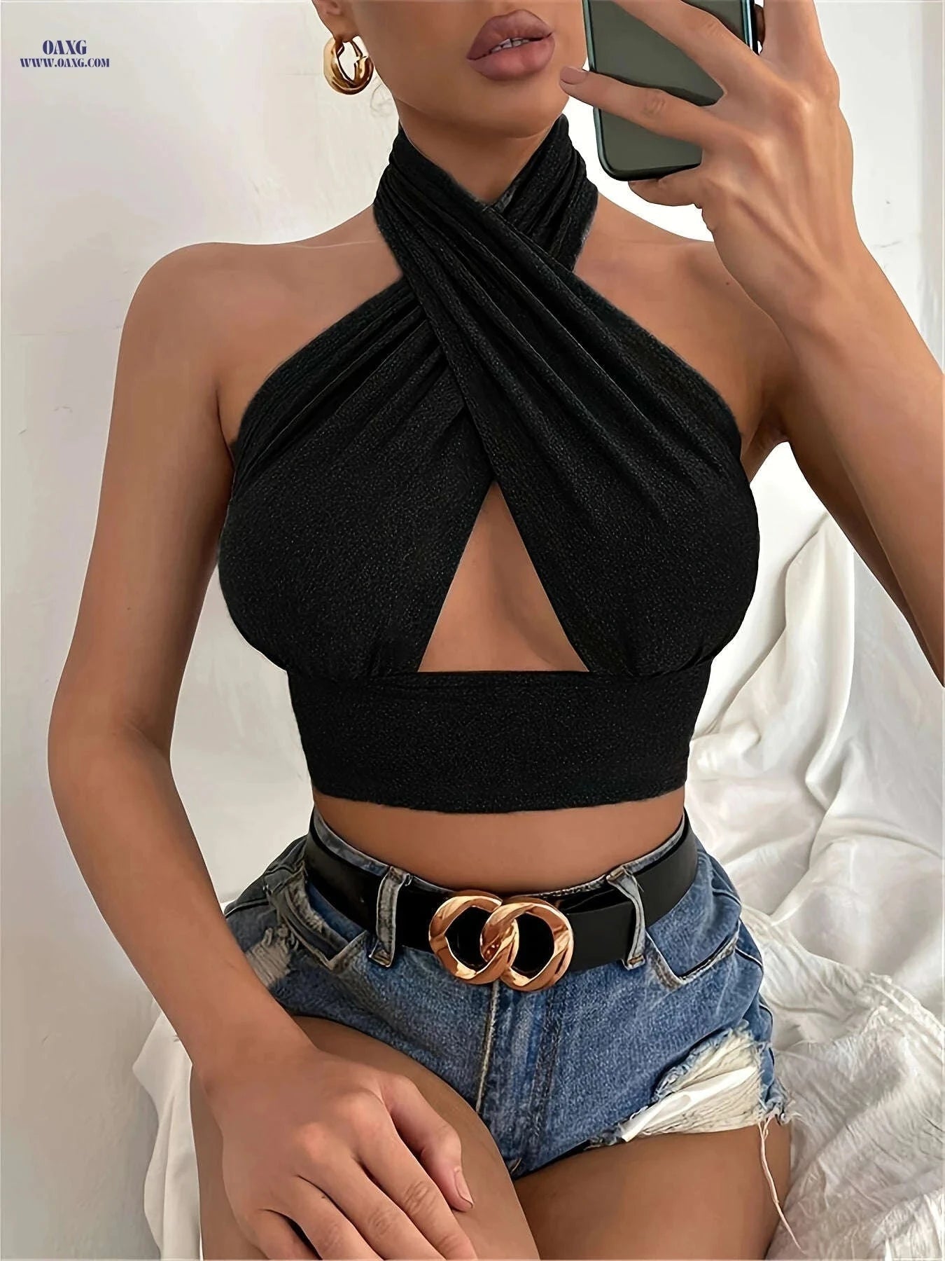 Women's Sleeveless Cross Halter Top - Perfect for Summer Style   OAXG 