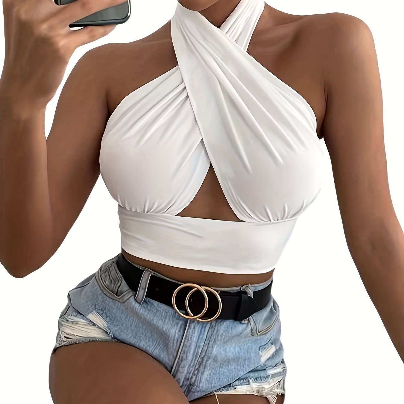 Women's Sleeveless Cross Halter Top - Perfect for Summer Style   OAXG Dark Brown / XXS