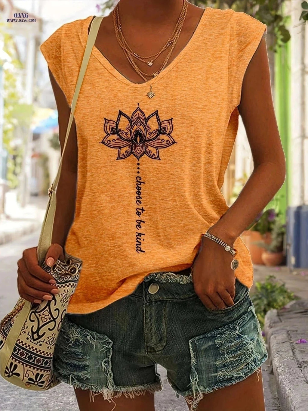 Women's Sleeveless Geometric Print Tank Top - Casual Summer Style   OAXG Orange / S