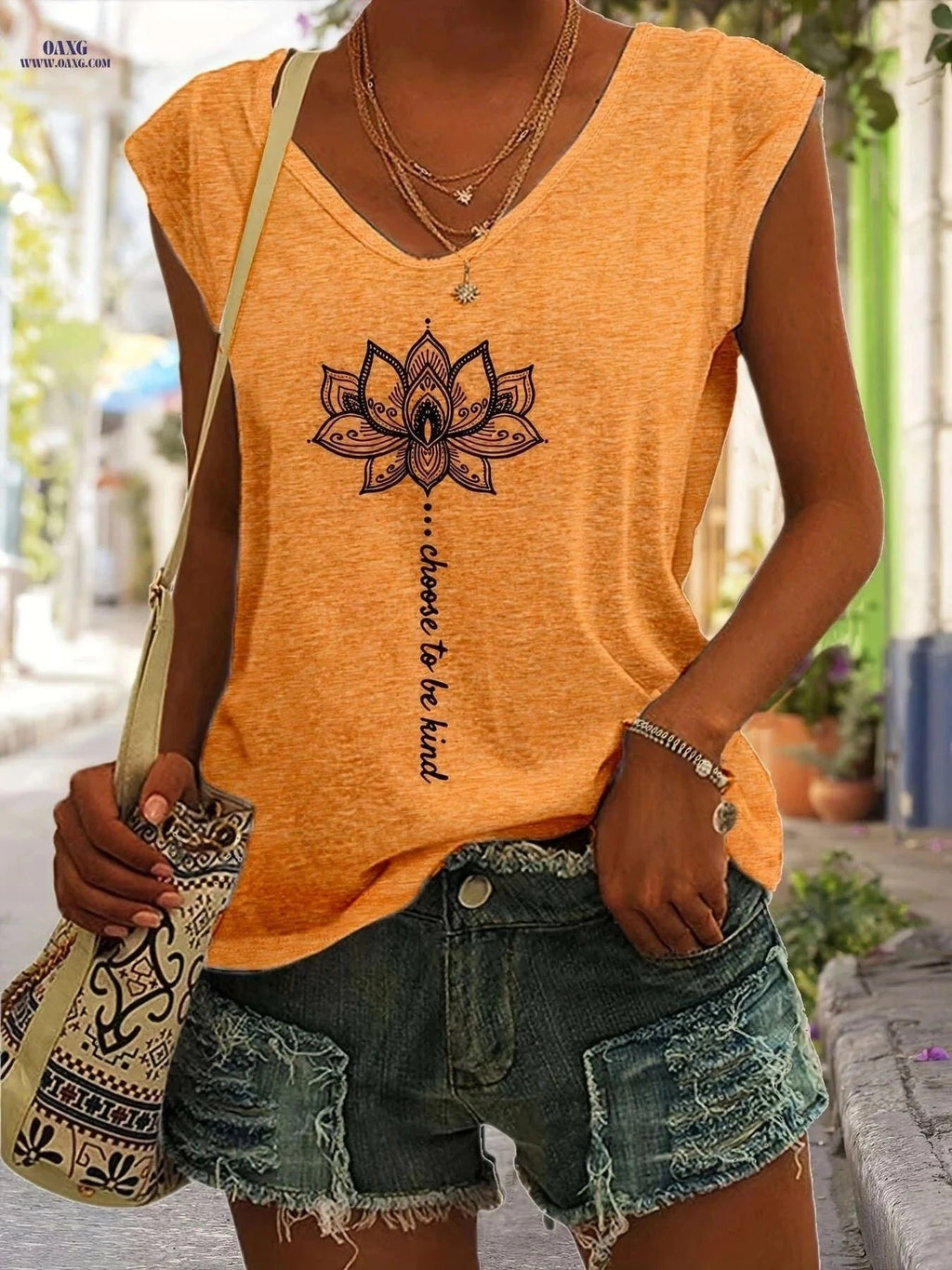 Women's Sleeveless Geometric Print Tank Top - Casual Summer Style   OAXG Orange / S