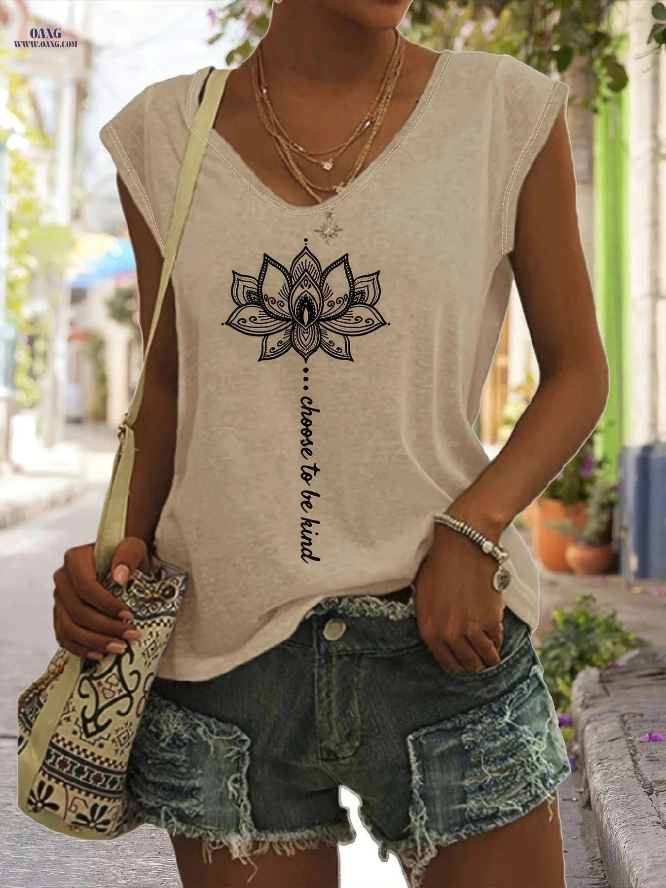 Women's Sleeveless Geometric Print Tank Top - Casual Summer Style   OAXG Orange / S