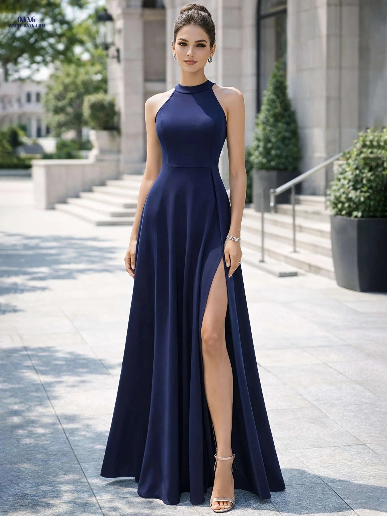 Women's Sleeveless High Neck Long Dress - A-Line Party Gown   OAXG 