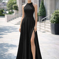 Women's Sleeveless High Neck Long Dress - A-Line Party Gown   OAXG Black / S