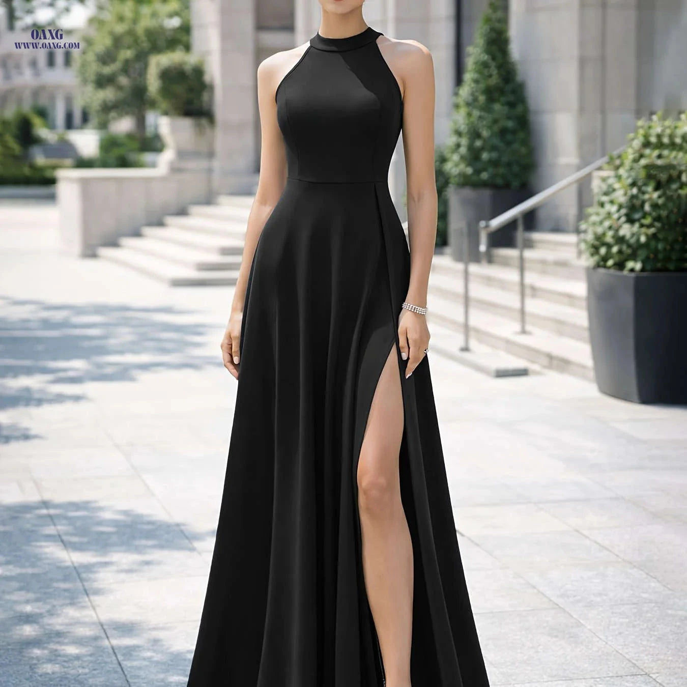 Women's Sleeveless High Neck Long Dress - A-Line Party Gown   OAXG Black / S