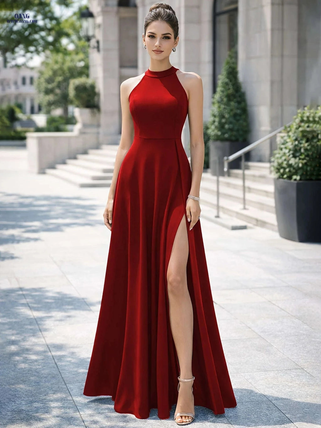 Women's Sleeveless High Neck Long Dress - A-Line Party Gown   OAXG Black / S