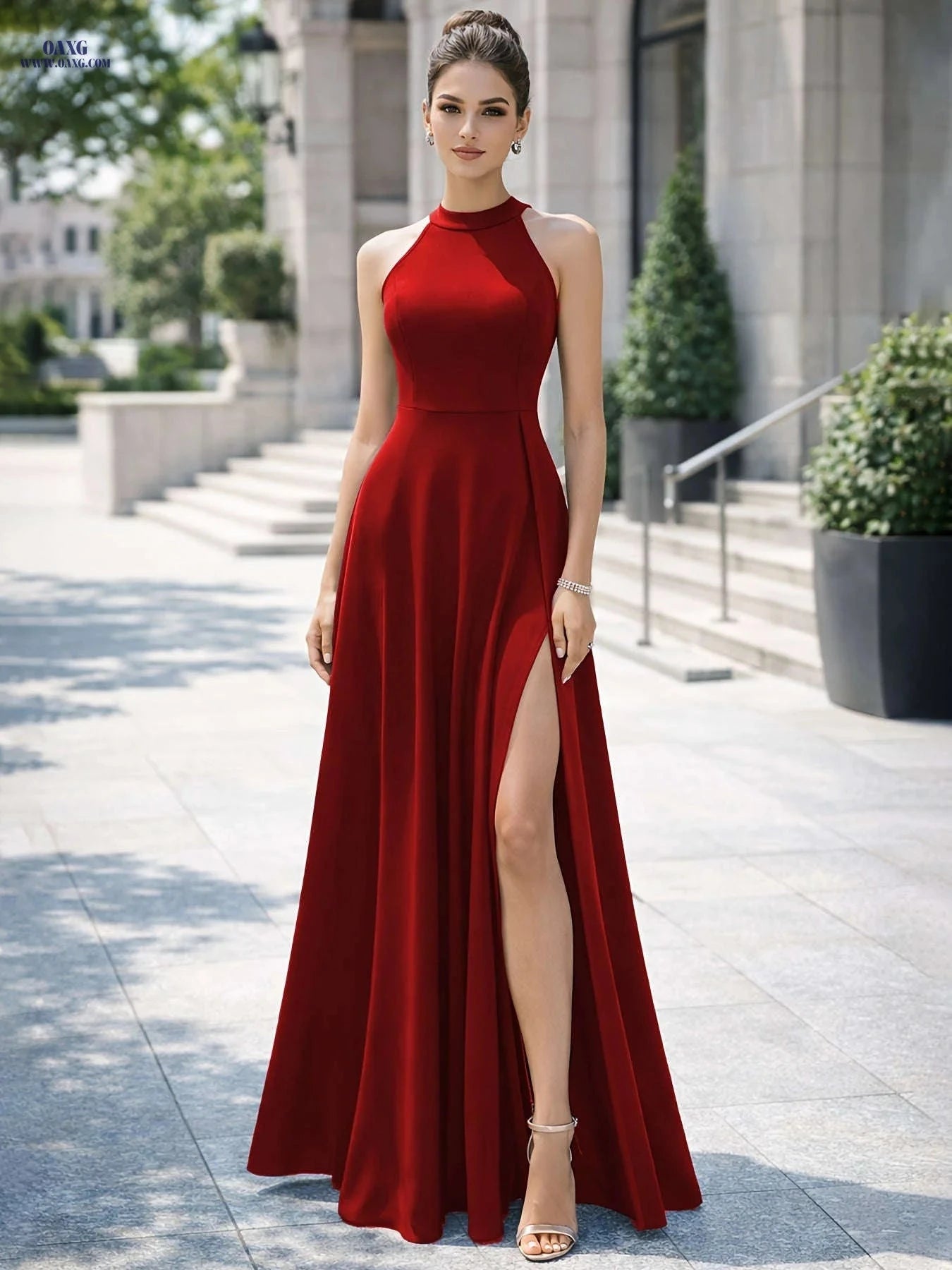 Women's Sleeveless High Neck Long Dress - A-Line Party Gown   OAXG Black / S