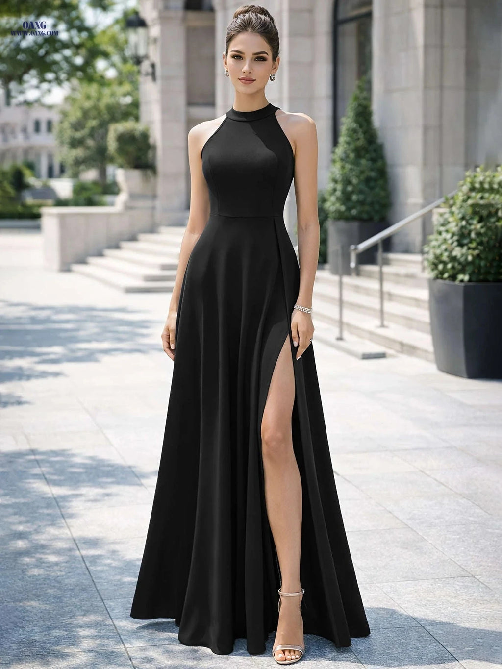 Women's Sleeveless High Neck Long Dress - A-Line Party Gown   OAXG 