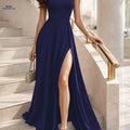Women's Sleeveless High-Waist Dress - Elegant Slim-Fit with Front Slit   OAXG Navy Color / S