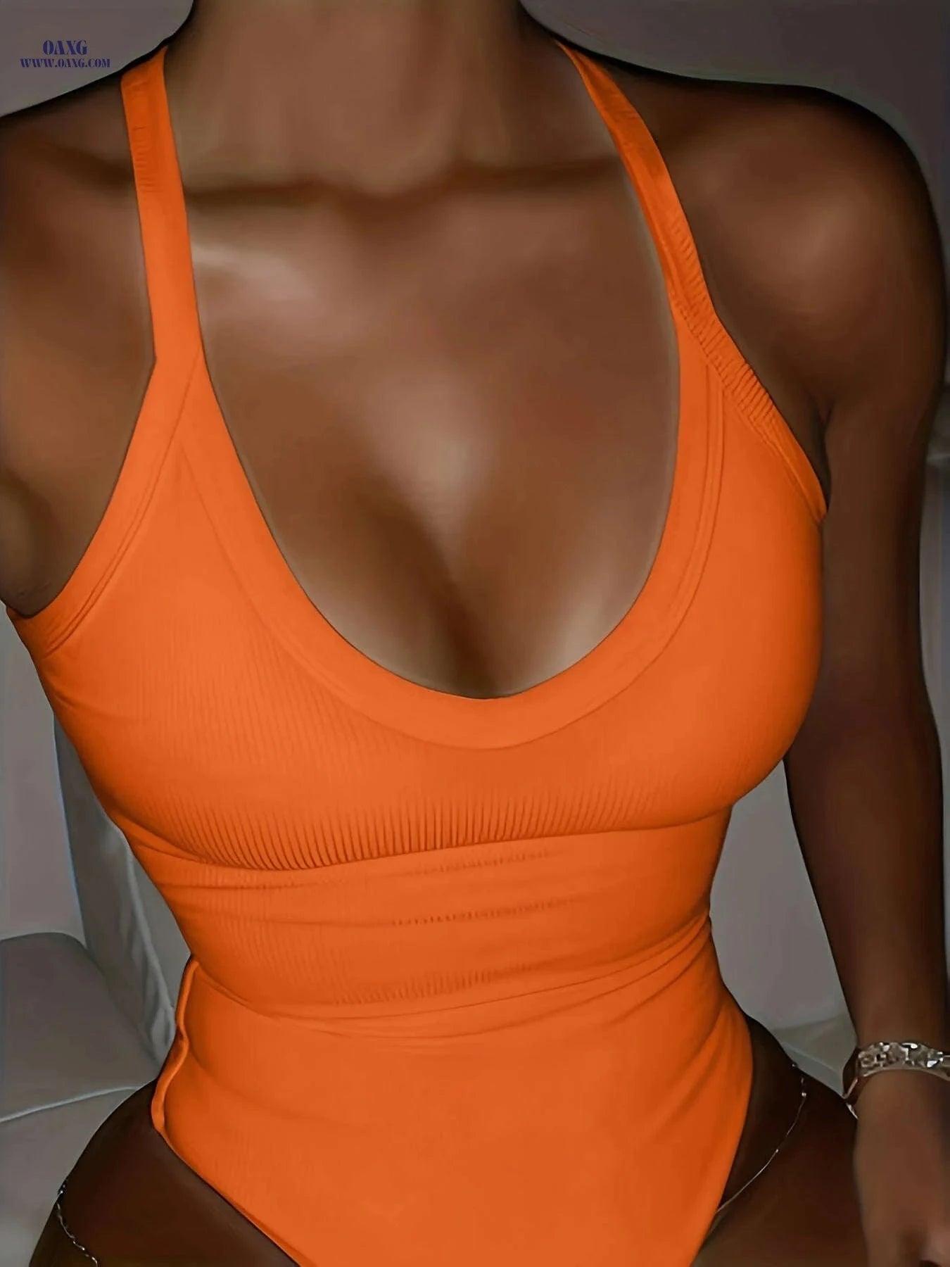 Women's Sleeveless Low-Cut Bodysuit Top - Elegant Solid Color Style   OAXG White / XXS