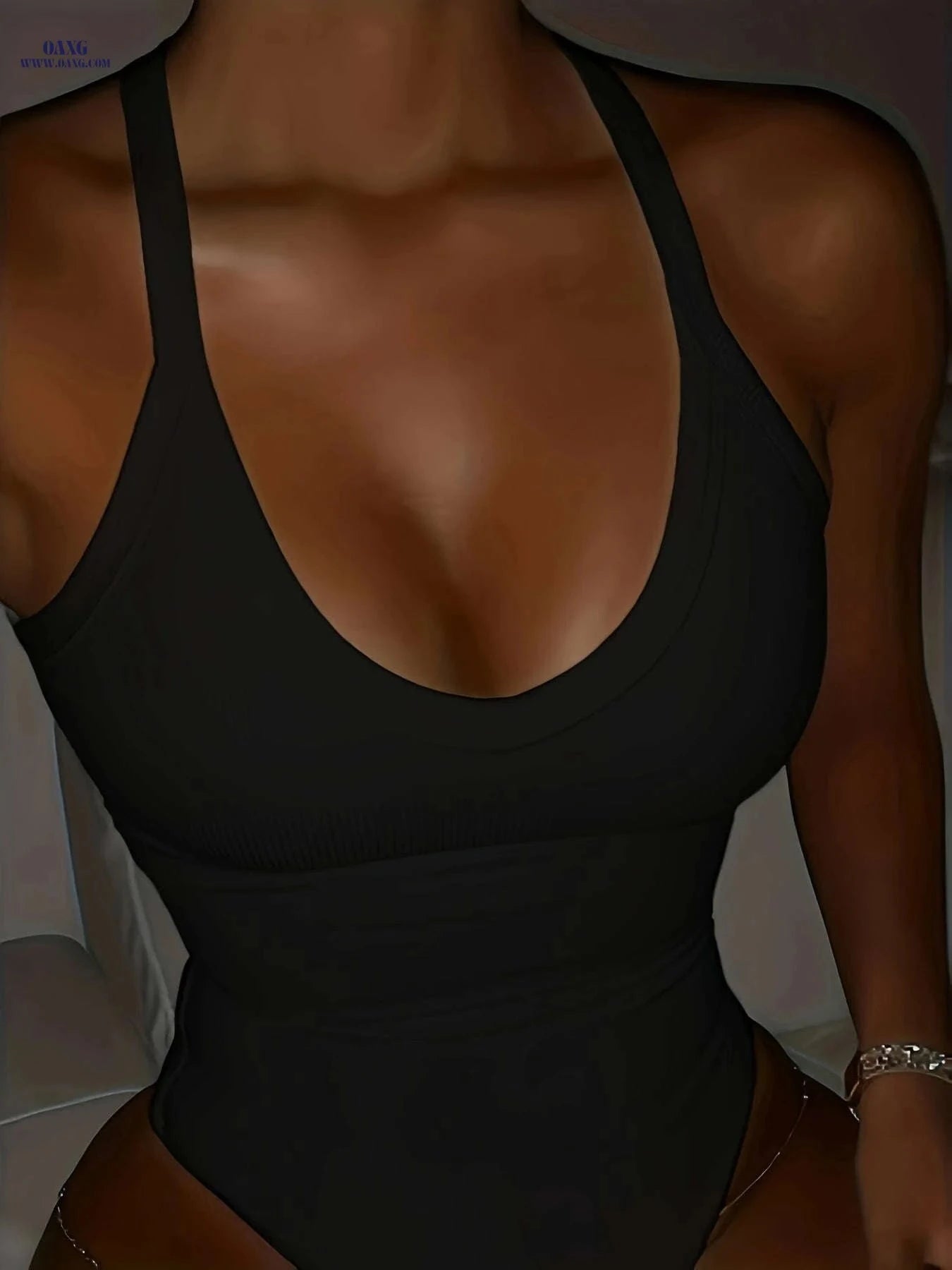 Women's Sleeveless Low-Cut Bodysuit Top - Elegant Solid Color Style   OAXG White / XXS