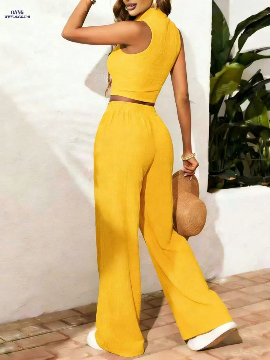 Women's Sleeveless Pleated Texture Set - Stylish Wide Leg Pants   OAXG Light Blue / XS