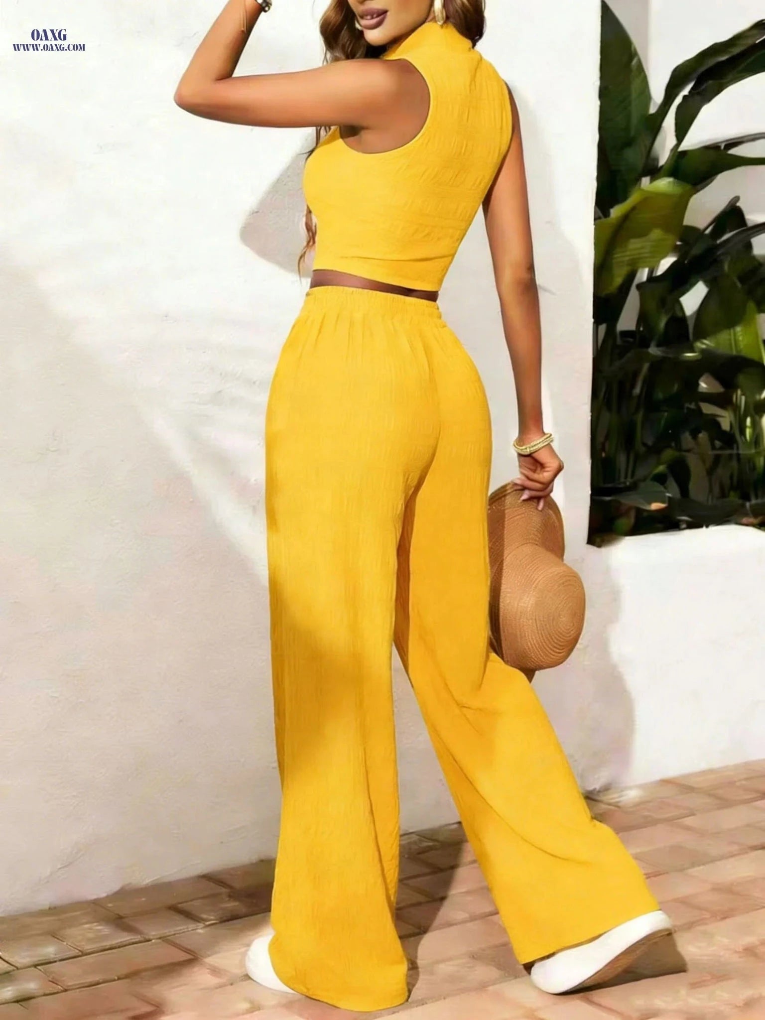 Women's Sleeveless Pleated Texture Set - Stylish Wide Leg Pants   OAXG Light Blue / XS
