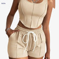 Women's Sleeveless Square Neck Crop Top & Shorts Set - Elegant Casual Outfit   OAXG Apricot / S