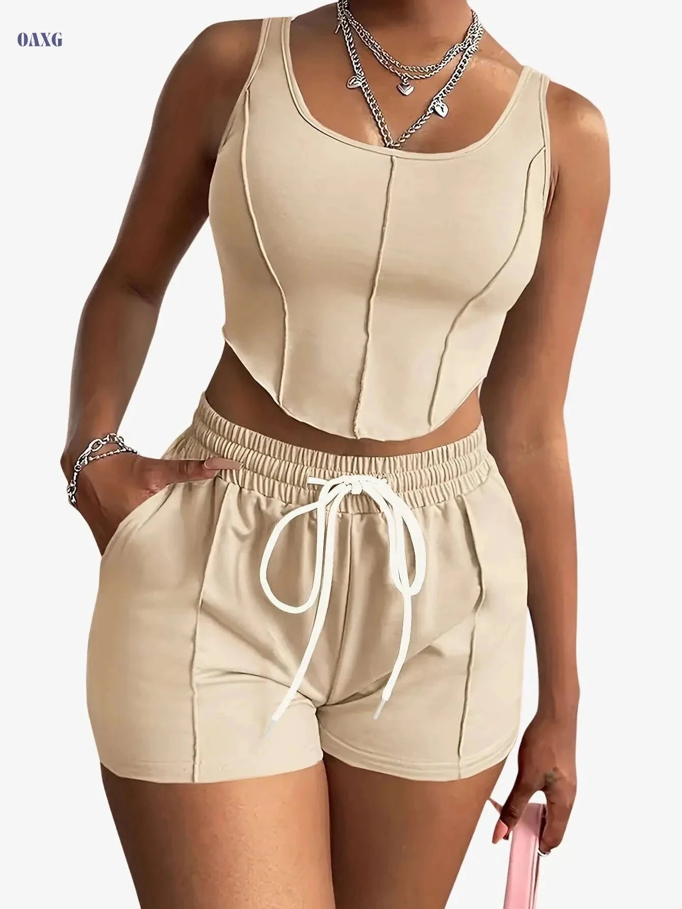Women's Sleeveless Square Neck Crop Top & Shorts Set - Elegant Casual Outfit   OAXG 