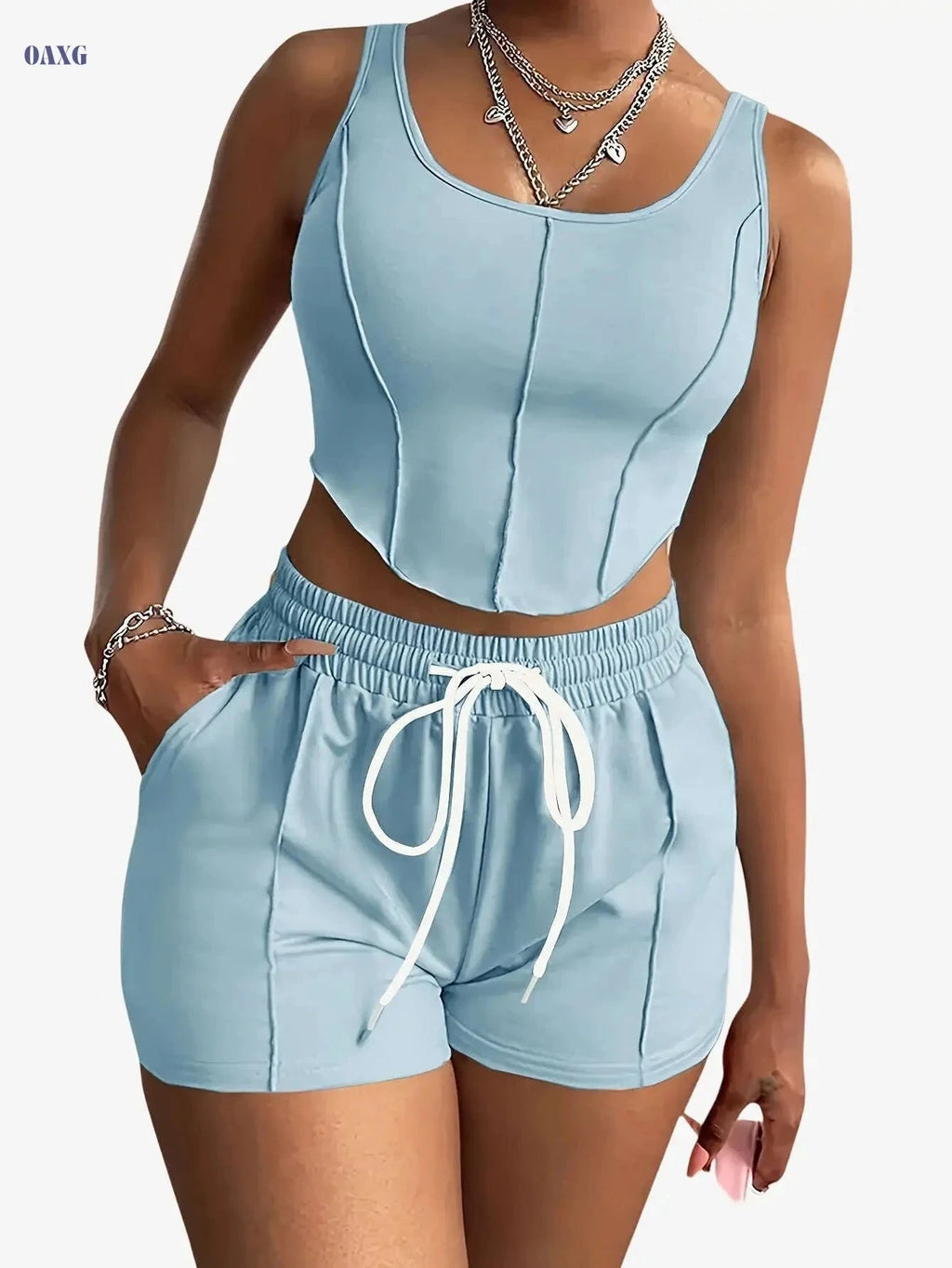 Women's Sleeveless Square Neck Crop Top & Shorts Set - Elegant Casual Outfit   OAXG 