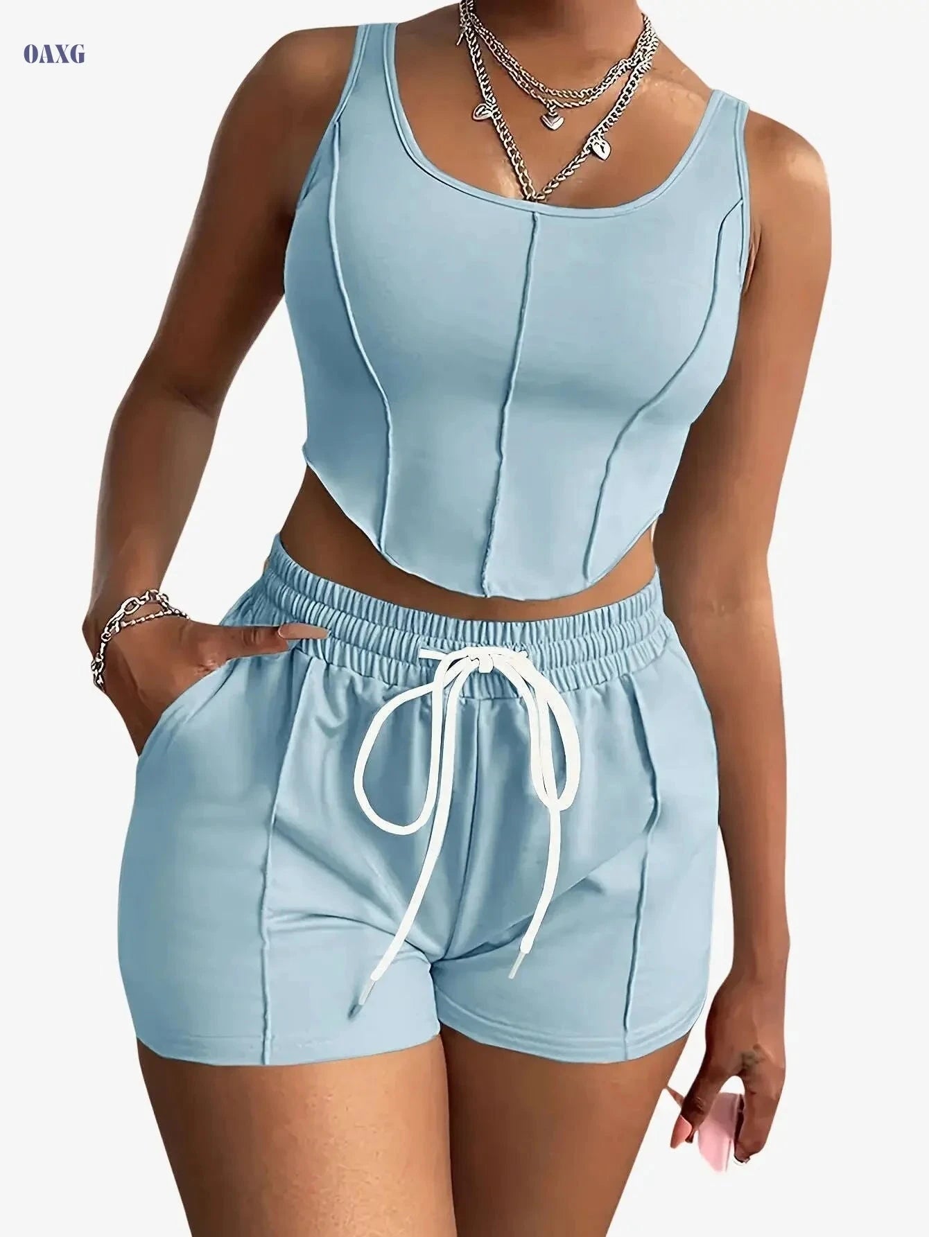 Women's Sleeveless Square Neck Crop Top & Shorts Set - Elegant Casual Outfit   OAXG 