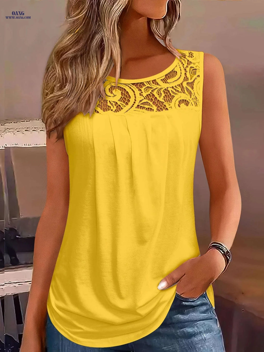 Women's Sleeveless Summer Tank Top - Lace Trim Casual Attire   OAXG 