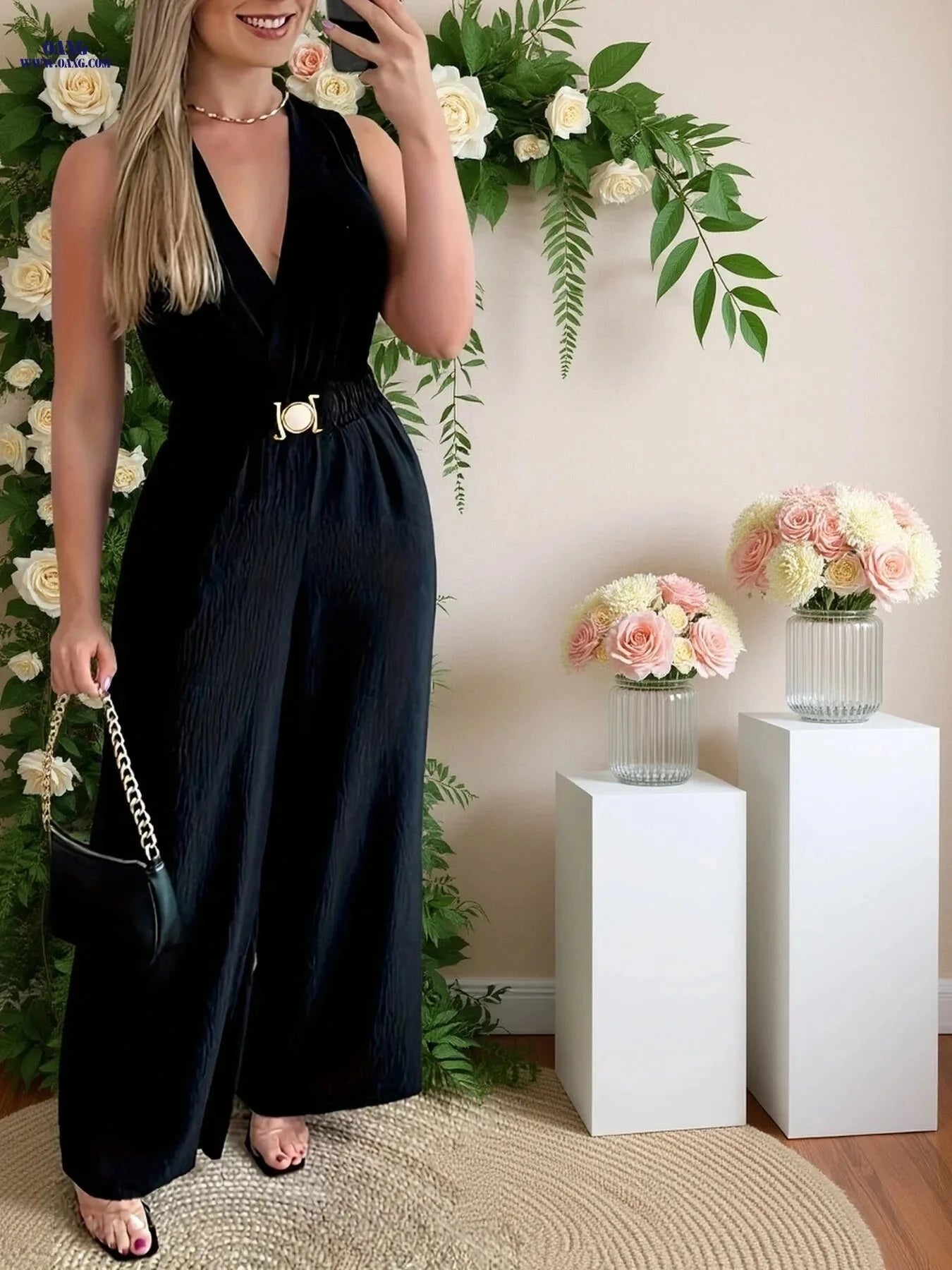 Women's Sleeveless V-Neck Jumpsuit - Solid Color with Belt   OAXG Black / Asian S