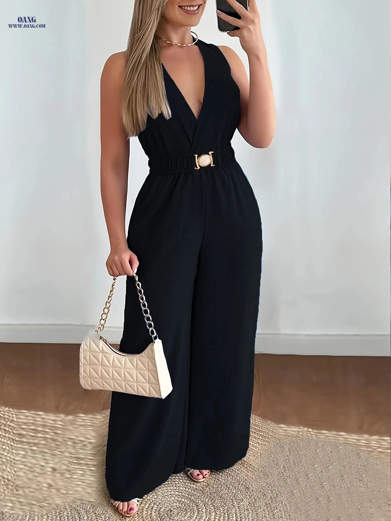 Women's Sleeveless V-Neck Jumpsuit - Solid Color with Belt   OAXG Black / Asian S