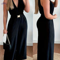 Women's Sleeveless V-Neck Jumpsuit - Solid Color with Belt   OAXG Black / Asian S