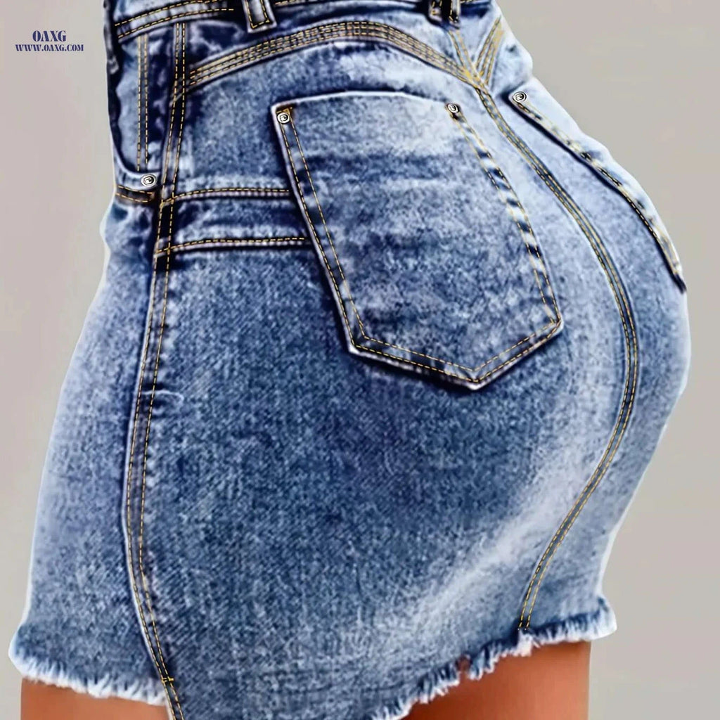 Women's Slim-Fit Bodycon Denim Skirt - Summer Casual with Frayed Hem   OAXG 